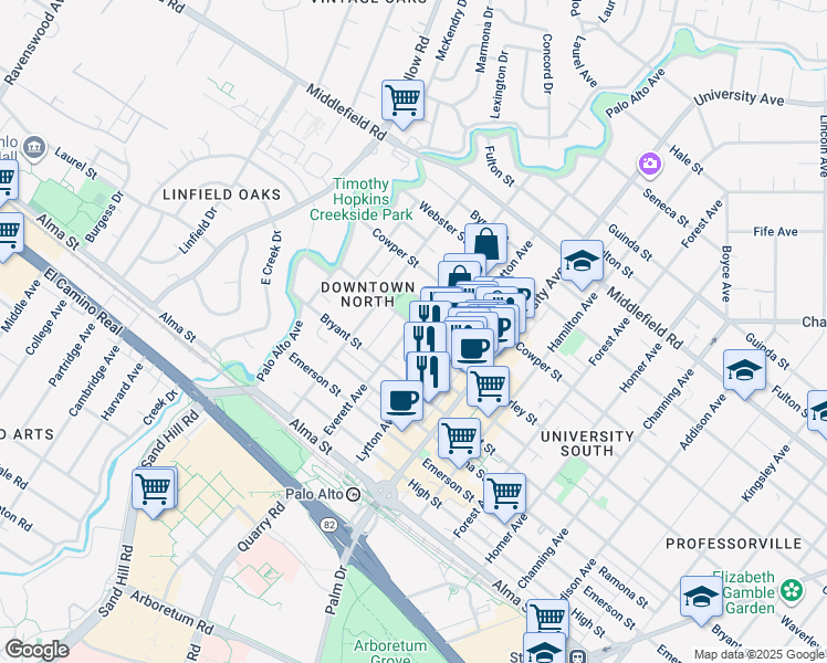 map of restaurants, bars, coffee shops, grocery stores, and more near in Palo Alto
