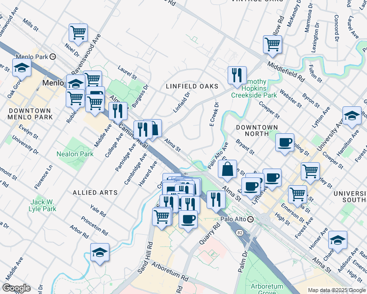 map of restaurants, bars, coffee shops, grocery stores, and more near 451 Claremont Way in Menlo Park