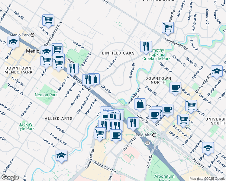 map of restaurants, bars, coffee shops, grocery stores, and more near 120 Alma Street in Menlo Park