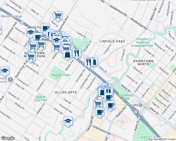 map of restaurants, bars, coffee shops, grocery stores, and more near 275 El Camino Real in Menlo Park