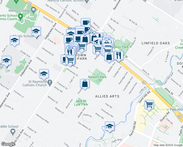 map of restaurants, bars, coffee shops, grocery stores, and more near in Menlo Park
