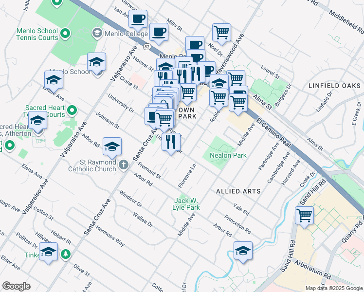 map of restaurants, bars, coffee shops, grocery stores, and more near in Menlo Park