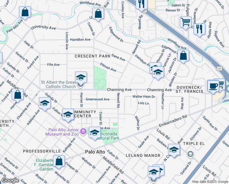 map of restaurants, bars, coffee shops, grocery stores, and more near 1470 Channing Avenue in Palo Alto