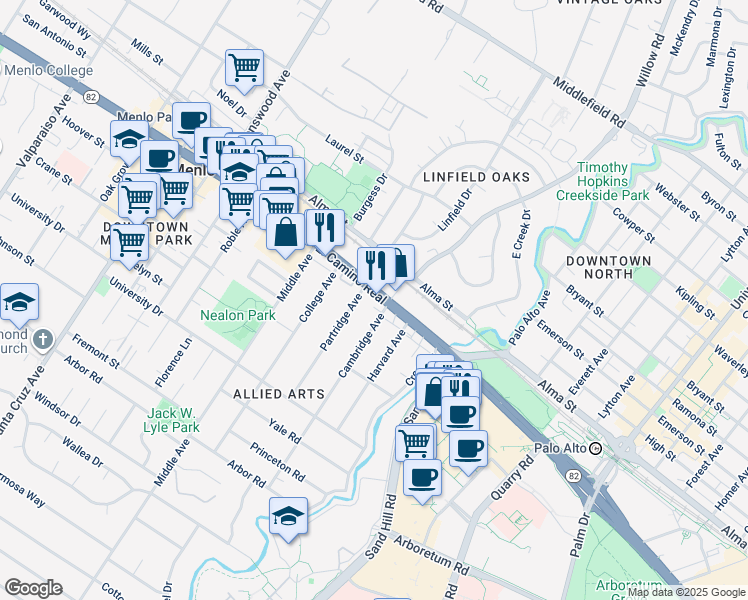 map of restaurants, bars, coffee shops, grocery stores, and more near 275 El Camino Real in Menlo Park