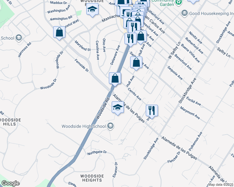 map of restaurants, bars, coffee shops, grocery stores, and more near 2139 Alameda de las Pulgas in Redwood City