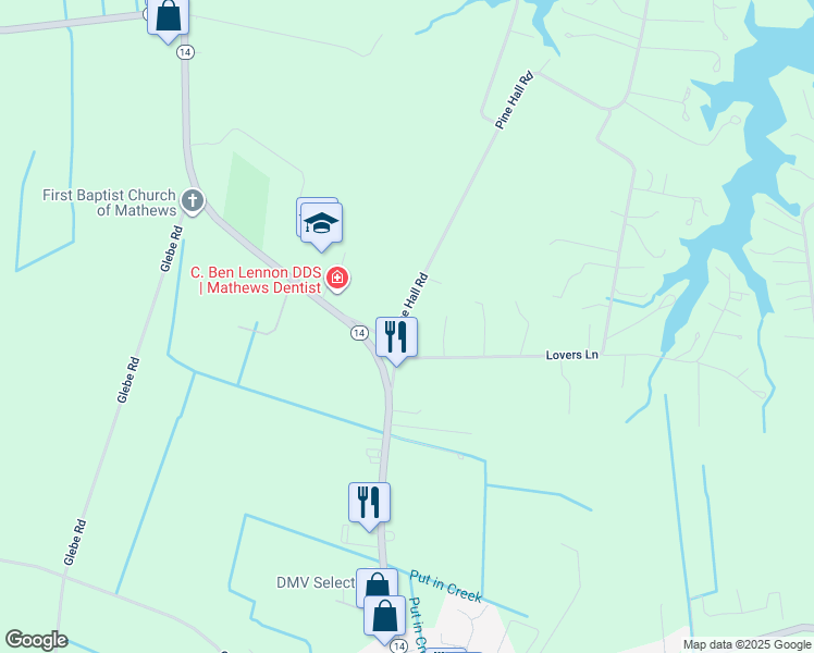 map of restaurants, bars, coffee shops, grocery stores, and more near 166 Pine Hall Road in Mathews