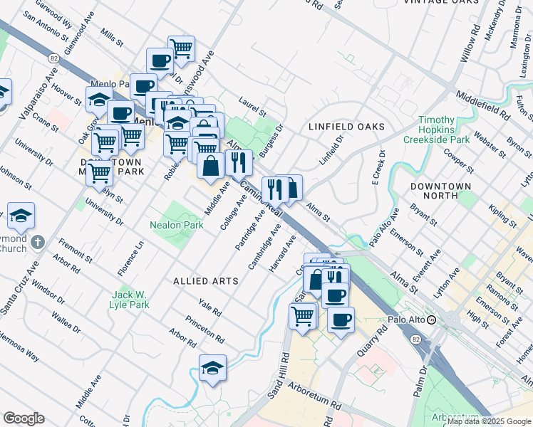 map of restaurants, bars, coffee shops, grocery stores, and more near 275 El Camino Real in Menlo Park