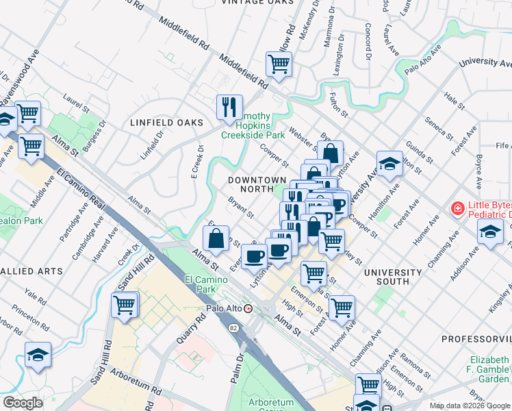 map of restaurants, bars, coffee shops, grocery stores, and more near 326 Hawthorne Avenue in Palo Alto