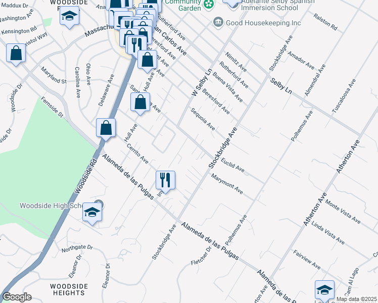 map of restaurants, bars, coffee shops, grocery stores, and more near 3 Ariana Lane in Woodside