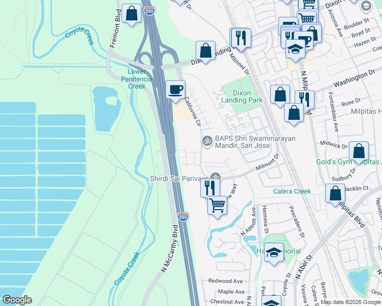 map of restaurants, bars, coffee shops, grocery stores, and more near 1355 California Circle in Milpitas