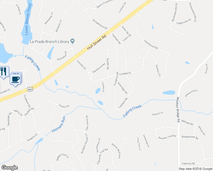 map of restaurants, bars, coffee shops, grocery stores, and more near 3911 Lynaire Drive in Richmond