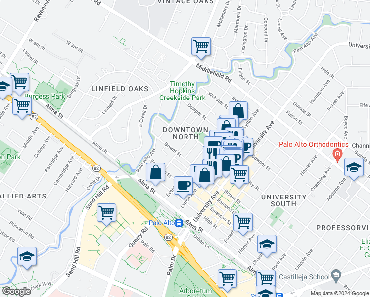 map of restaurants, bars, coffee shops, grocery stores, and more near 326 Hawthorne Avenue in Palo Alto