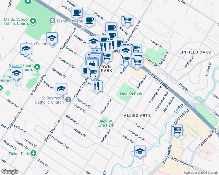 map of restaurants, bars, coffee shops, grocery stores, and more near 844 Roble Avenue in Menlo Park