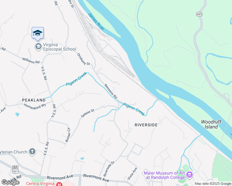 map of restaurants, bars, coffee shops, grocery stores, and more near 502 Reusens Road in Lynchburg