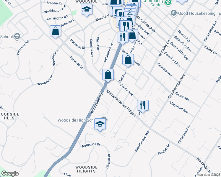 map of restaurants, bars, coffee shops, grocery stores, and more near 2139 Alameda de las Pulgas in Redwood City