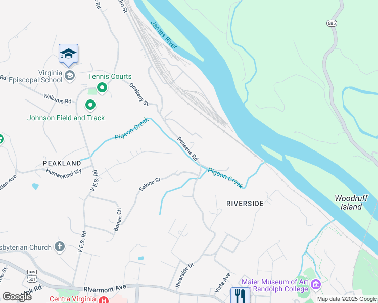 map of restaurants, bars, coffee shops, grocery stores, and more near 393 Reusens Road in Lynchburg
