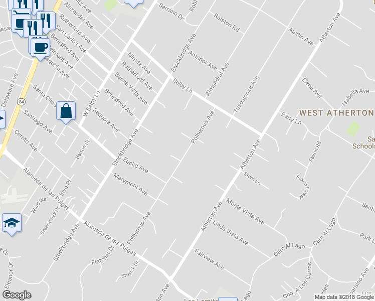 map of restaurants, bars, coffee shops, grocery stores, and more near 237 Polhemus Avenue in Atherton