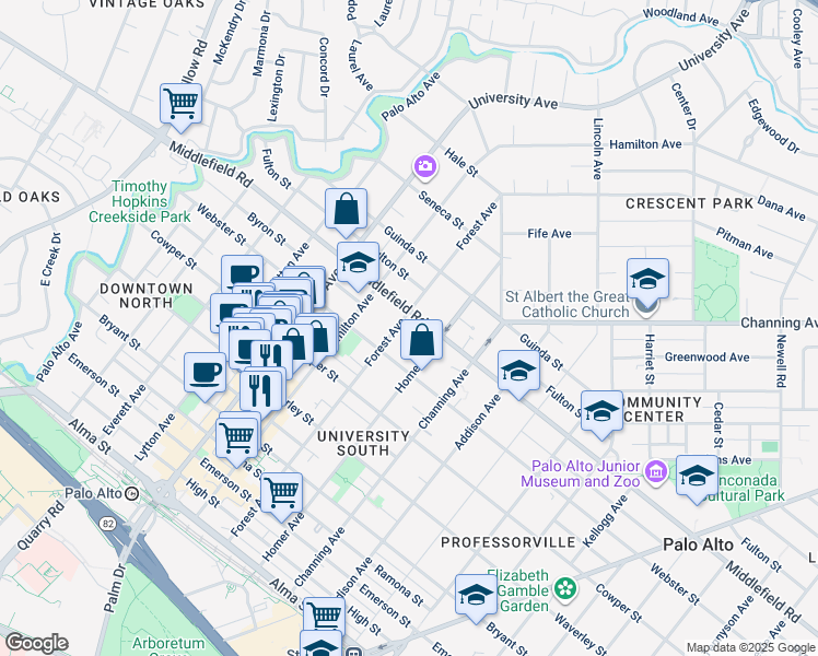 map of restaurants, bars, coffee shops, grocery stores, and more near 666 Forest Avenue in Palo Alto