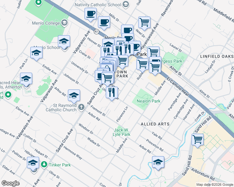 map of restaurants, bars, coffee shops, grocery stores, and more near 860 Live Oak Avenue in Menlo Park