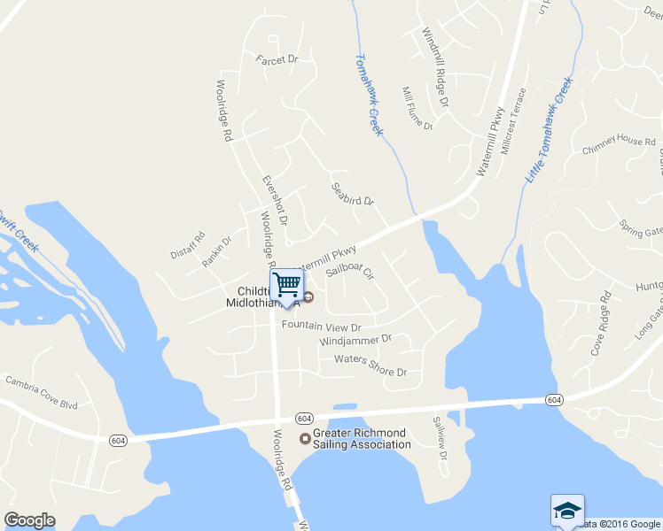 map of restaurants, bars, coffee shops, grocery stores, and more near 14704 Sailboat Circle in Midlothian