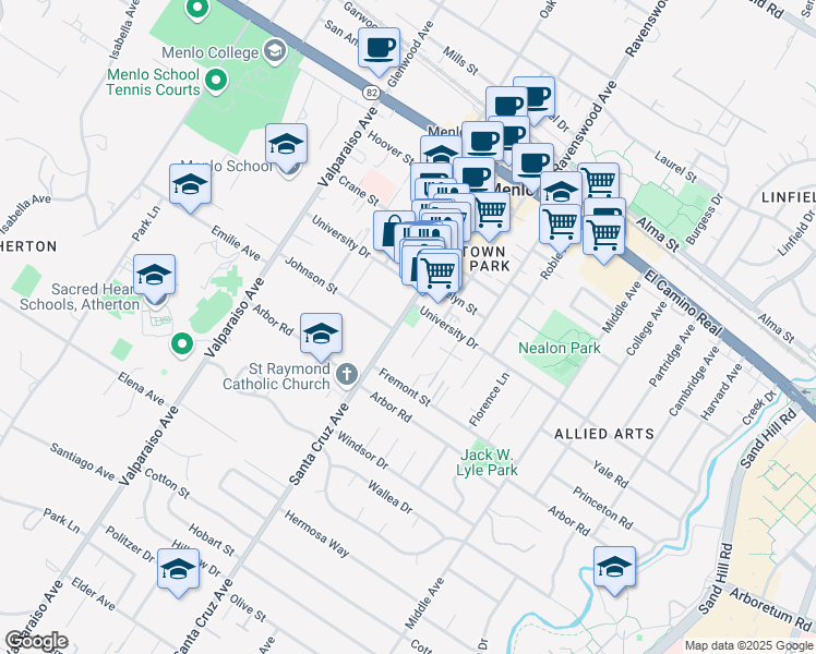 map of restaurants, bars, coffee shops, grocery stores, and more near 979 Santa Cruz Avenue in Menlo Park