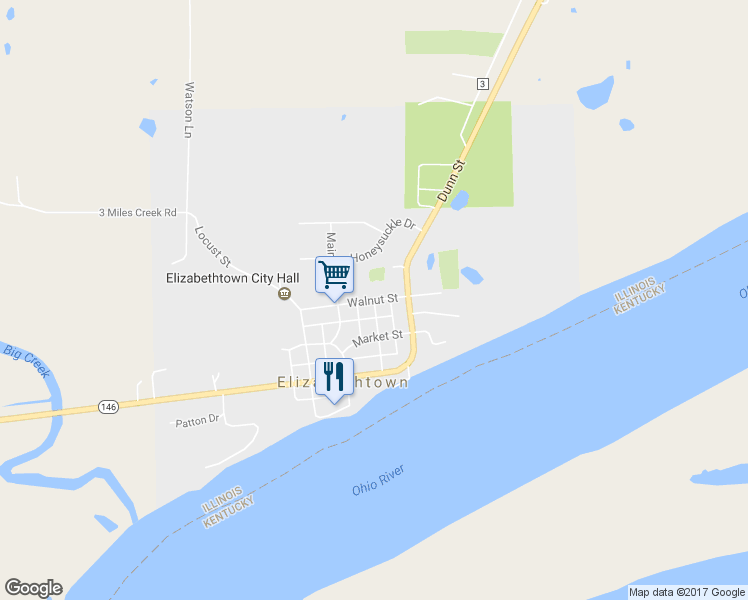 map of restaurants, bars, coffee shops, grocery stores, and more near Walnut Street in Elizabethtown