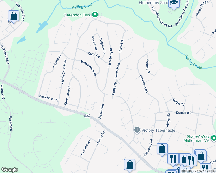 map of restaurants, bars, coffee shops, grocery stores, and more near 3035 Quisenberry Street in Midlothian