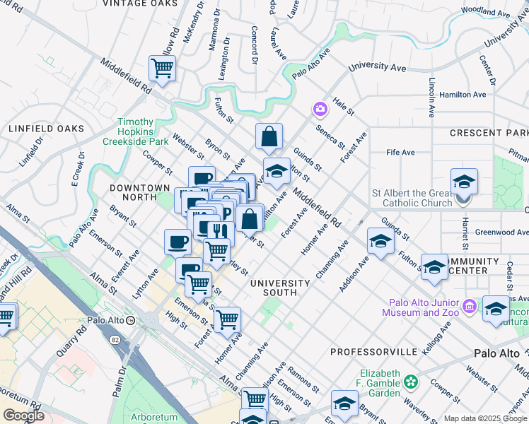 map of restaurants, bars, coffee shops, grocery stores, and more near 605 Hamilton Avenue in Menlo Park