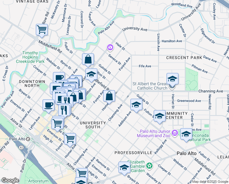 map of restaurants, bars, coffee shops, grocery stores, and more near 743 Homer Avenue in Palo Alto
