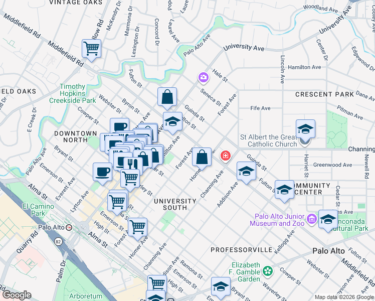 map of restaurants, bars, coffee shops, grocery stores, and more near 643 Forest Avenue in Palo Alto
