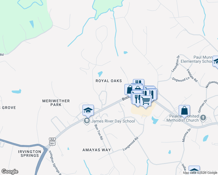 map of restaurants, bars, coffee shops, grocery stores, and more near in Lynchburg