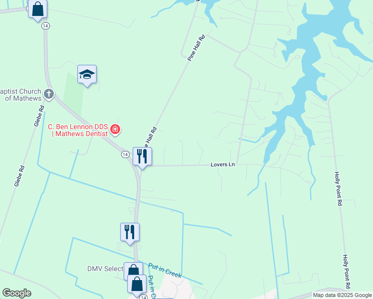 map of restaurants, bars, coffee shops, grocery stores, and more near 78 Sassy Lane in Mathews