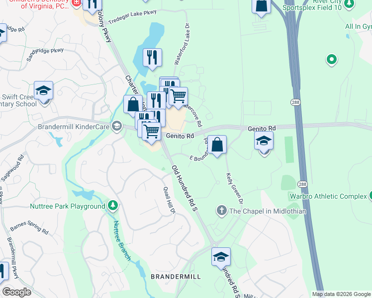 map of restaurants, bars, coffee shops, grocery stores, and more near 3007 East Boundary Terrace in Midlothian