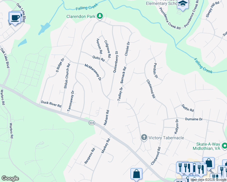 map of restaurants, bars, coffee shops, grocery stores, and more near 3035 Quisenberry Street in Midlothian