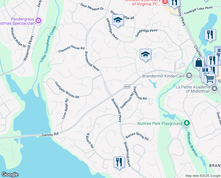 map of restaurants, bars, coffee shops, grocery stores, and more near 2806 Autumn Woods Circle in Midlothian