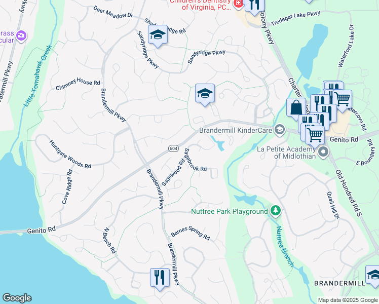 map of restaurants, bars, coffee shops, grocery stores, and more near 14000 Sagebrook Road in Midlothian