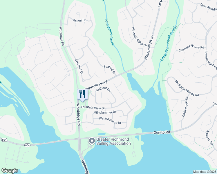 map of restaurants, bars, coffee shops, grocery stores, and more near 14660 Sailboat Circle in Midlothian