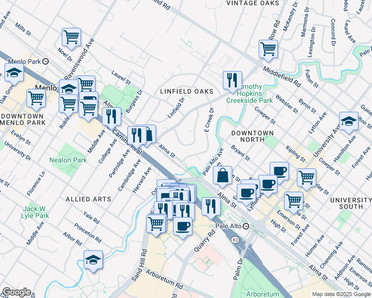 map of restaurants, bars, coffee shops, grocery stores, and more near 451 Claremont Way in Menlo Park
