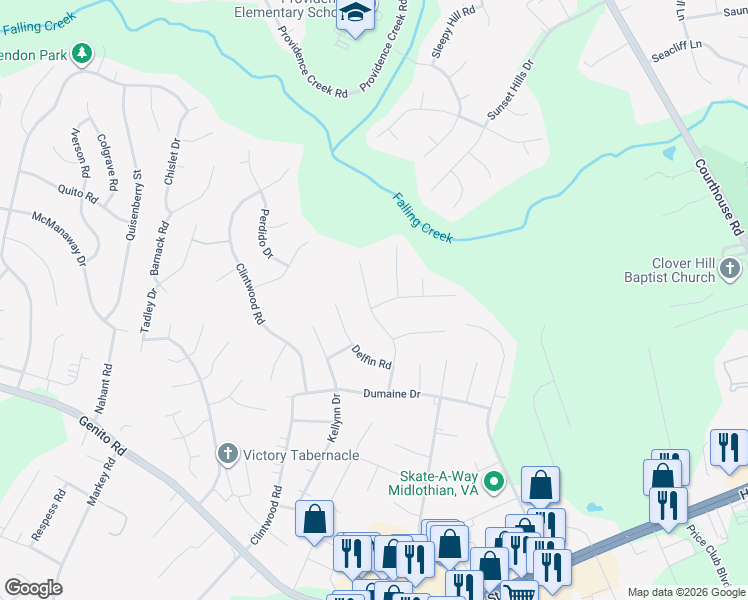 map of restaurants, bars, coffee shops, grocery stores, and more near 11310 Puckett Place in Midlothian