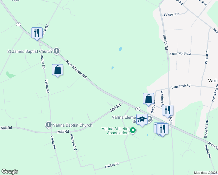 map of restaurants, bars, coffee shops, grocery stores, and more near 2360 New Market Road in Henrico