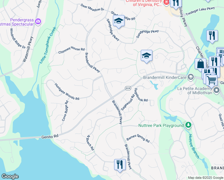map of restaurants, bars, coffee shops, grocery stores, and more near 2806 Autumn Woods Circle in Midlothian