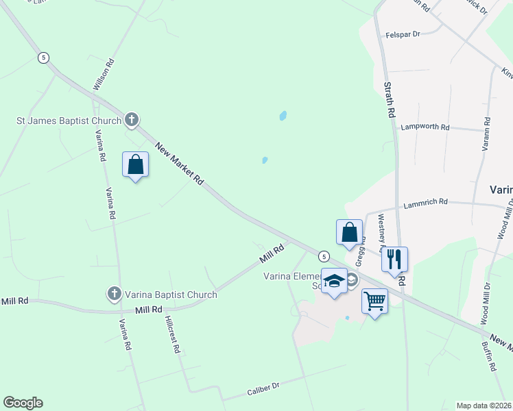 map of restaurants, bars, coffee shops, grocery stores, and more near 2360 New Market Road in Richmond