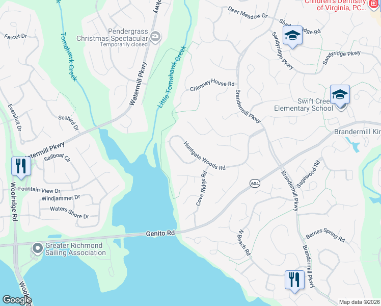 map of restaurants, bars, coffee shops, grocery stores, and more near 14303 Huntgate Woods Road in Midlothian