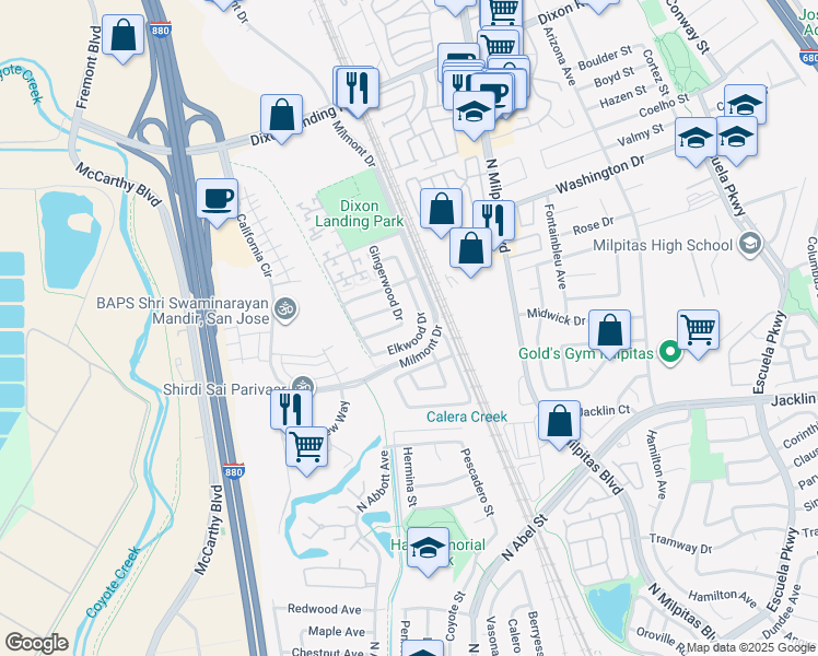 map of restaurants, bars, coffee shops, grocery stores, and more near 1288 Gingerwood Drive in Milpitas