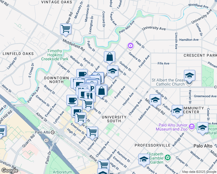 map of restaurants, bars, coffee shops, grocery stores, and more near 605 Hamilton Avenue in Menlo Park
