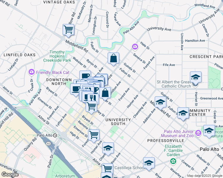 map of restaurants, bars, coffee shops, grocery stores, and more near 605 Hamilton Avenue in Menlo Park