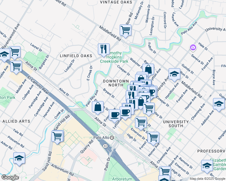 map of restaurants, bars, coffee shops, grocery stores, and more near 356 Hawthorne Avenue in Palo Alto