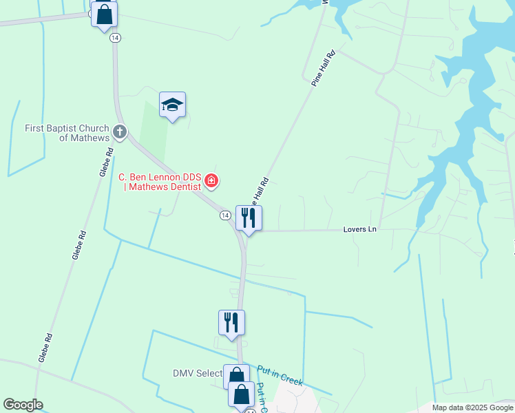 map of restaurants, bars, coffee shops, grocery stores, and more near 186 Pine Hall Road in Mathews