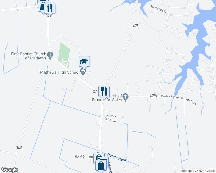 map of restaurants, bars, coffee shops, grocery stores, and more near 186 Pine Hall Road in Mathews