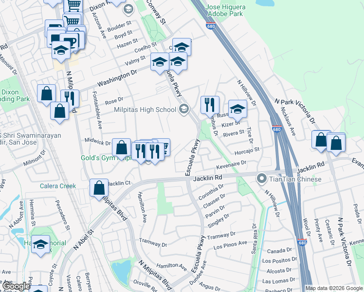 map of restaurants, bars, coffee shops, grocery stores, and more near 1079 Sandalwood Lane in Milpitas